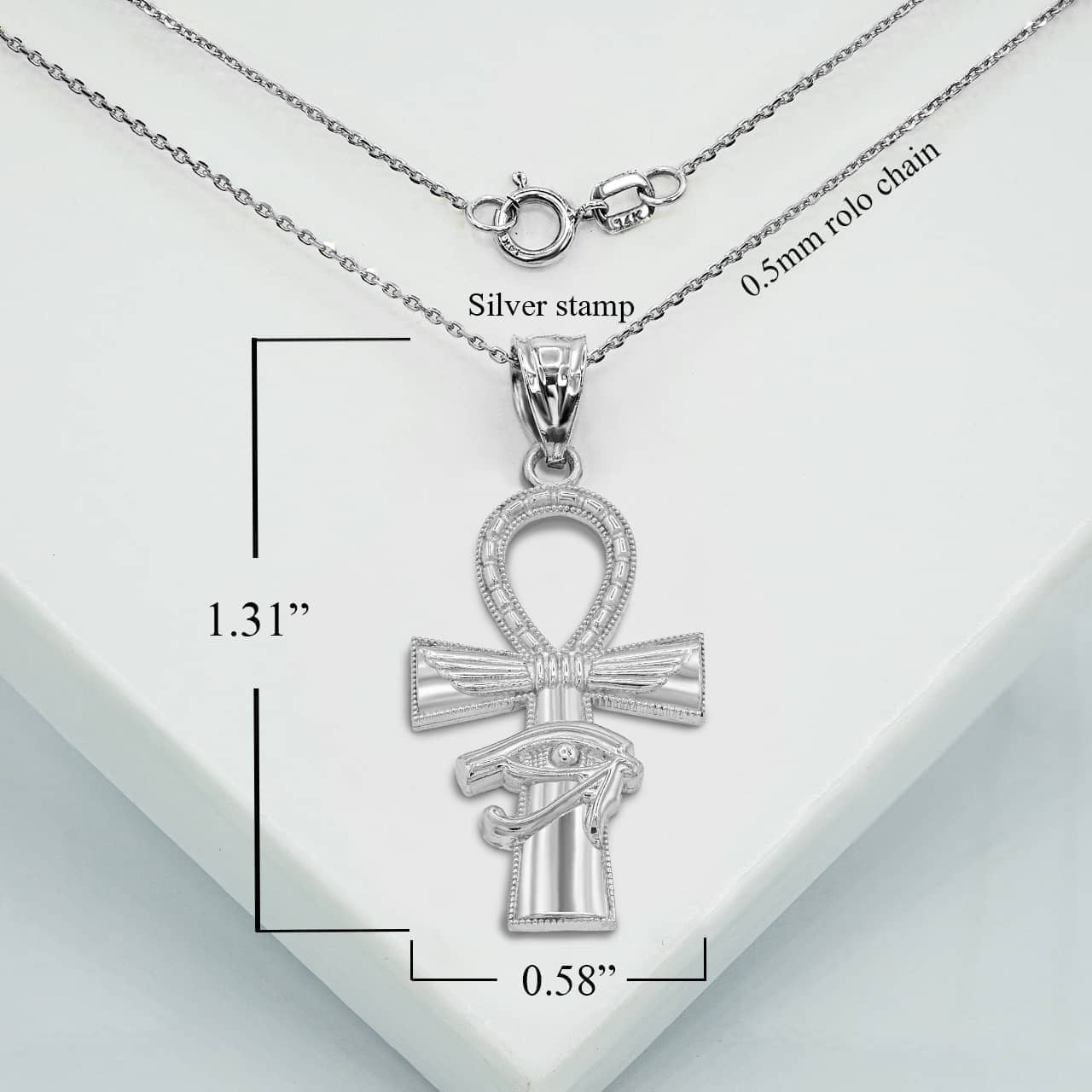 .925 Sterling Silver Egyptian Winged Ankh Cross Eye of Horus Milgrain Pendant Necklace