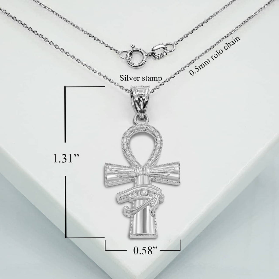 .925 Sterling Silver Egyptian Winged Ankh Cross Eye of Horus Milgrain Pendant Necklace