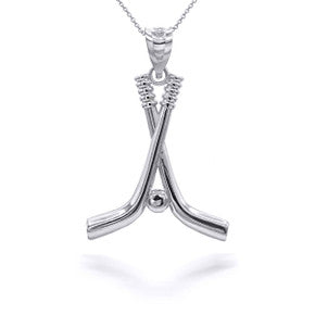 .925 Sterling Silver Hockey Sticks and Puck Charm Sports Pendant Necklace