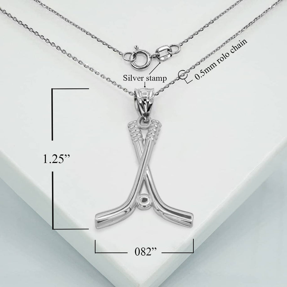 Hockey Sticks and Puck in Sterling Silver Sports Pendant / Necklace Large