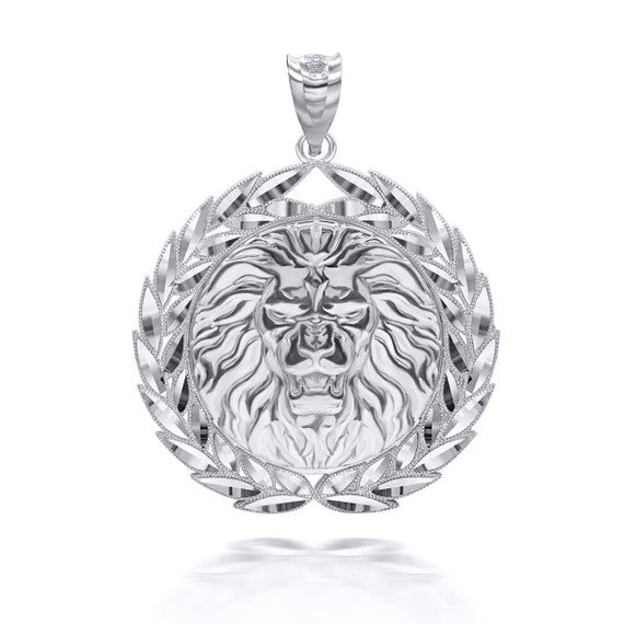 Silver Lion Head Laurel Wreath Pendant Necklace
