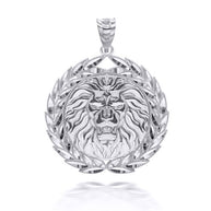 Silver Lion Head Laurel Wreath Pendant Necklace