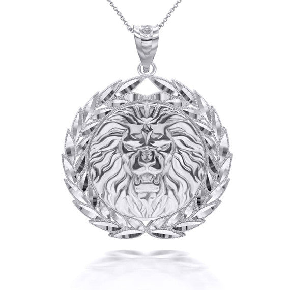 Silver Lion Head Laurel Wreath Pendant Necklace