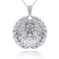 Silver Lion Head Laurel Wreath Pendant Necklace
