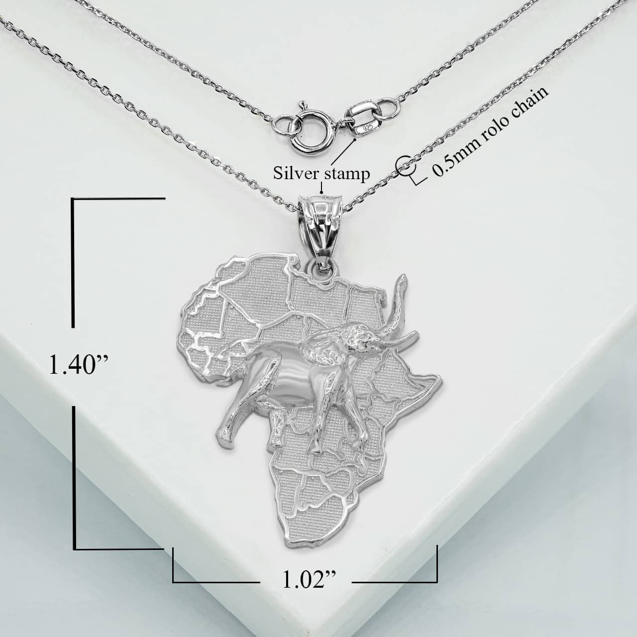 .925 Sterling Silver Africa Map Elephant Pendant Necklace