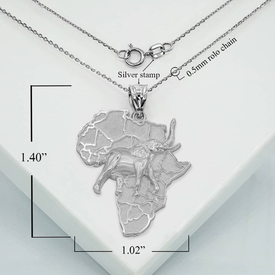 .925 Sterling Silver Africa Map Elephant Pendant Necklace