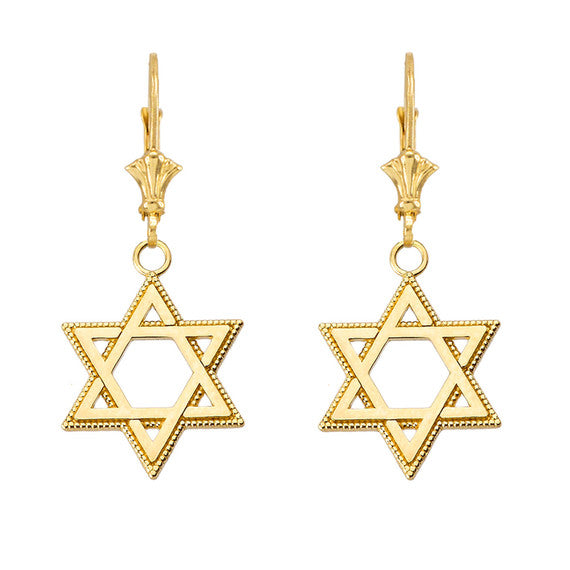 Milgrain Jewish Star of David Earrings (1.24")(Available in Yellow/Rose/White Gold)