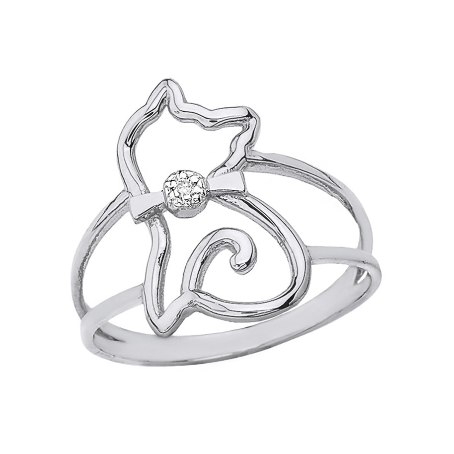 .925 Sterling Silver Cubic Zirconia Pet Cat Silhouette Ring