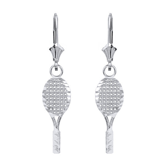 Sterling Silver Sparkle Cut Tennis Racket Dangle Drop Lever Back Earring Set