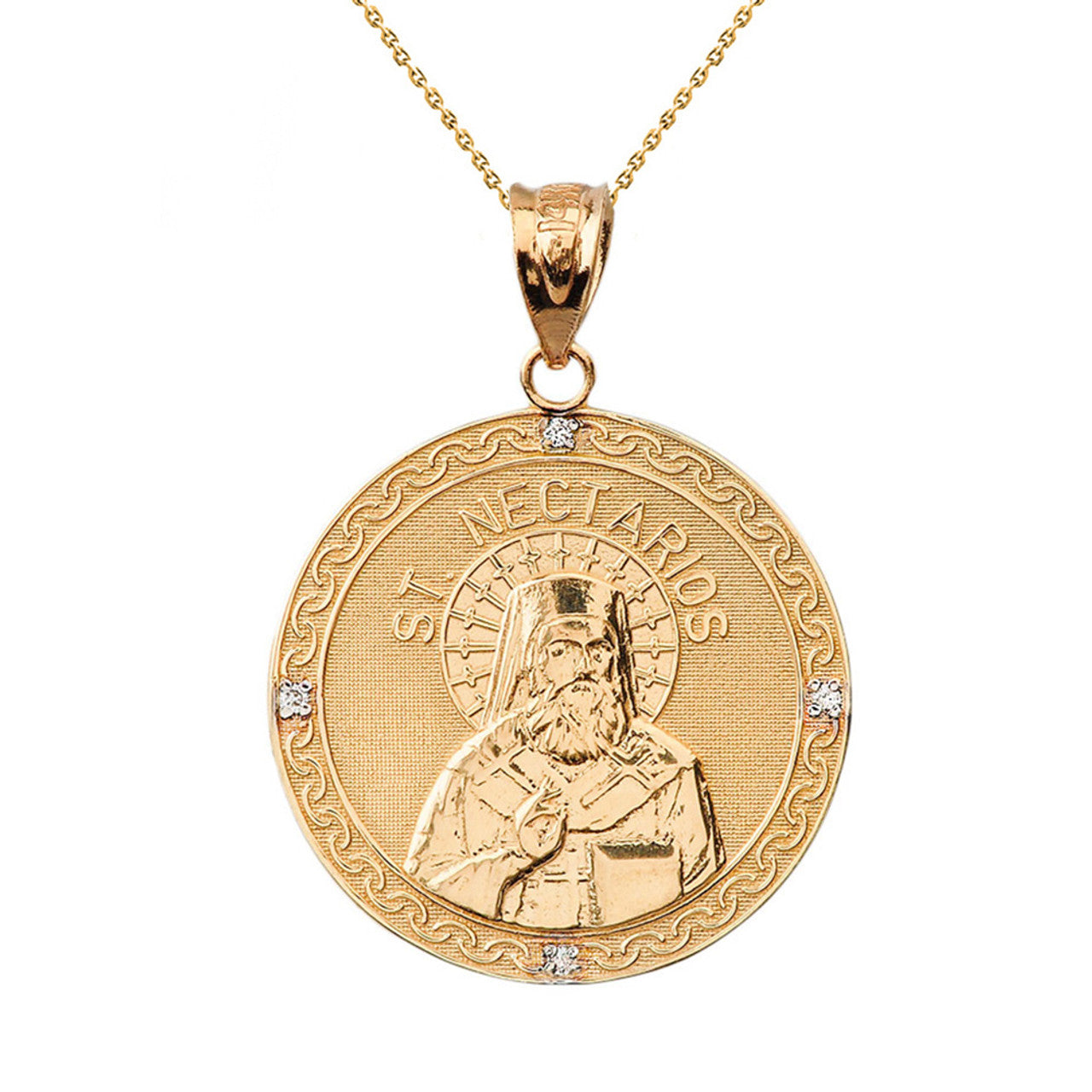 Solid Gold Greek Orthodox Saint Nectarios of Aegina Engravable Diamond Medallion Pendant Necklace 1.16 