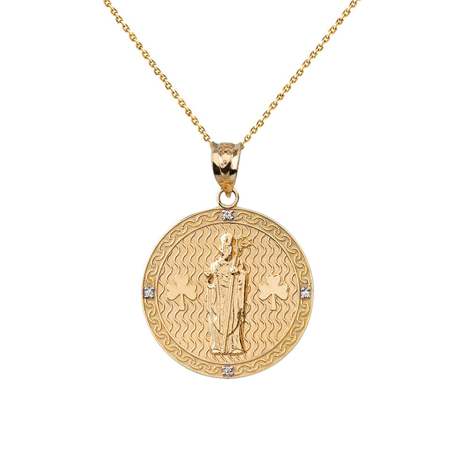 Solid Gold Saint Patrick Diamond Oval Engravable Medallion Pendant Necklace 1.03" ( 26 mm)(Available in Yellow/Rose/white/Two Tone Gold)