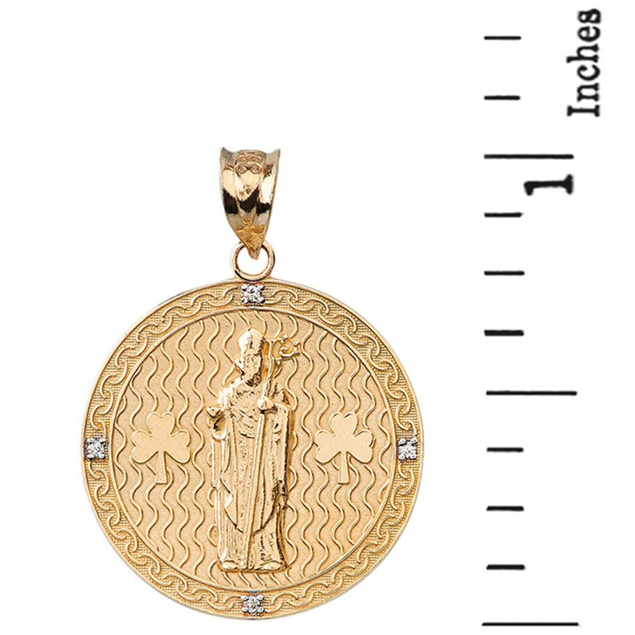 Solid Gold Saint Patrick Shamrock Diamond Engravable Medallion Pendant Necklace 1.05