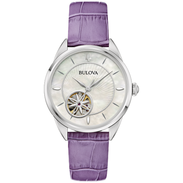 Bulova 96L339 Purple Leather Silver Tone Women's Watch
