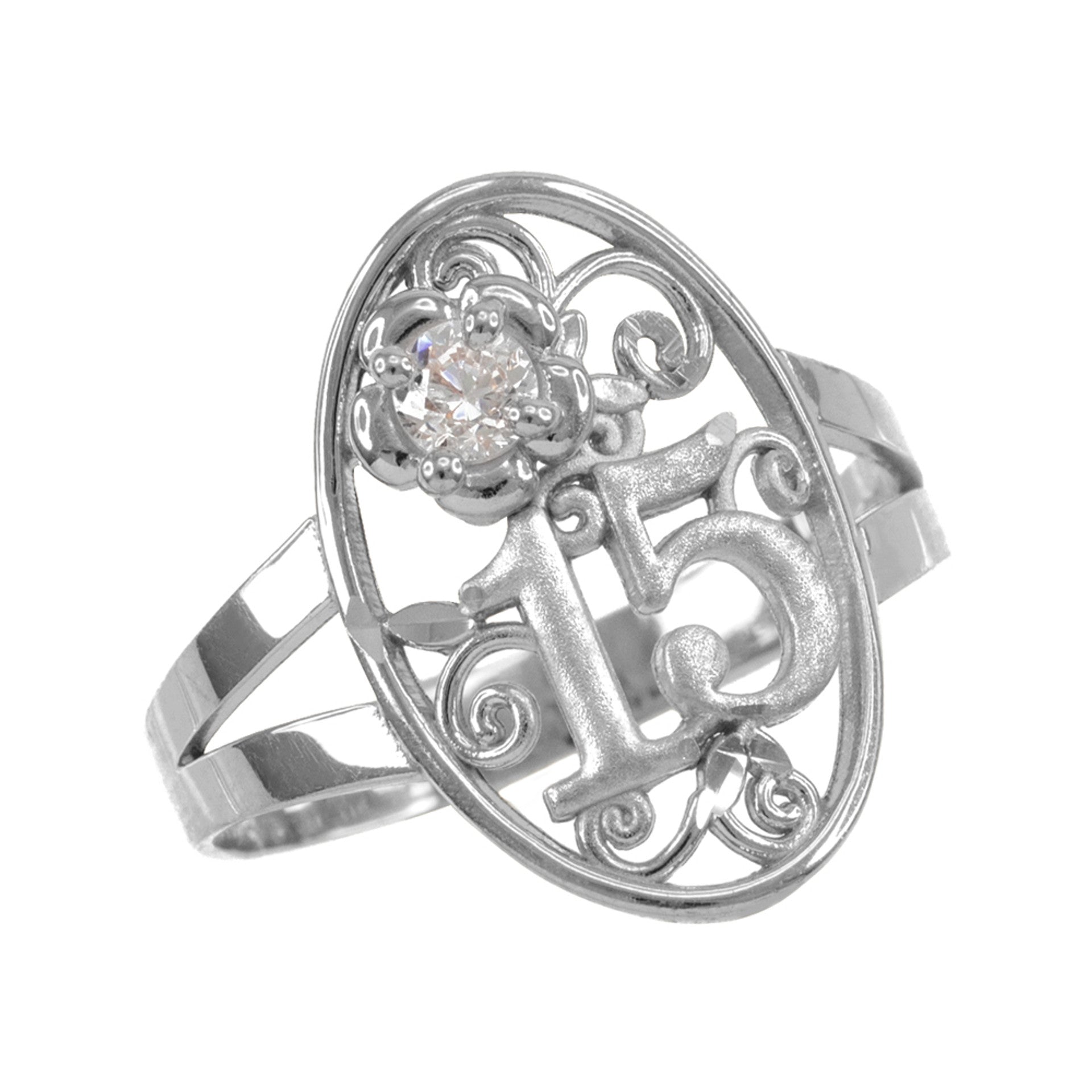 .925 Sterling Silver Cubic Zirconia 15 Años Flower Quinceañera Filigree Oval Ring