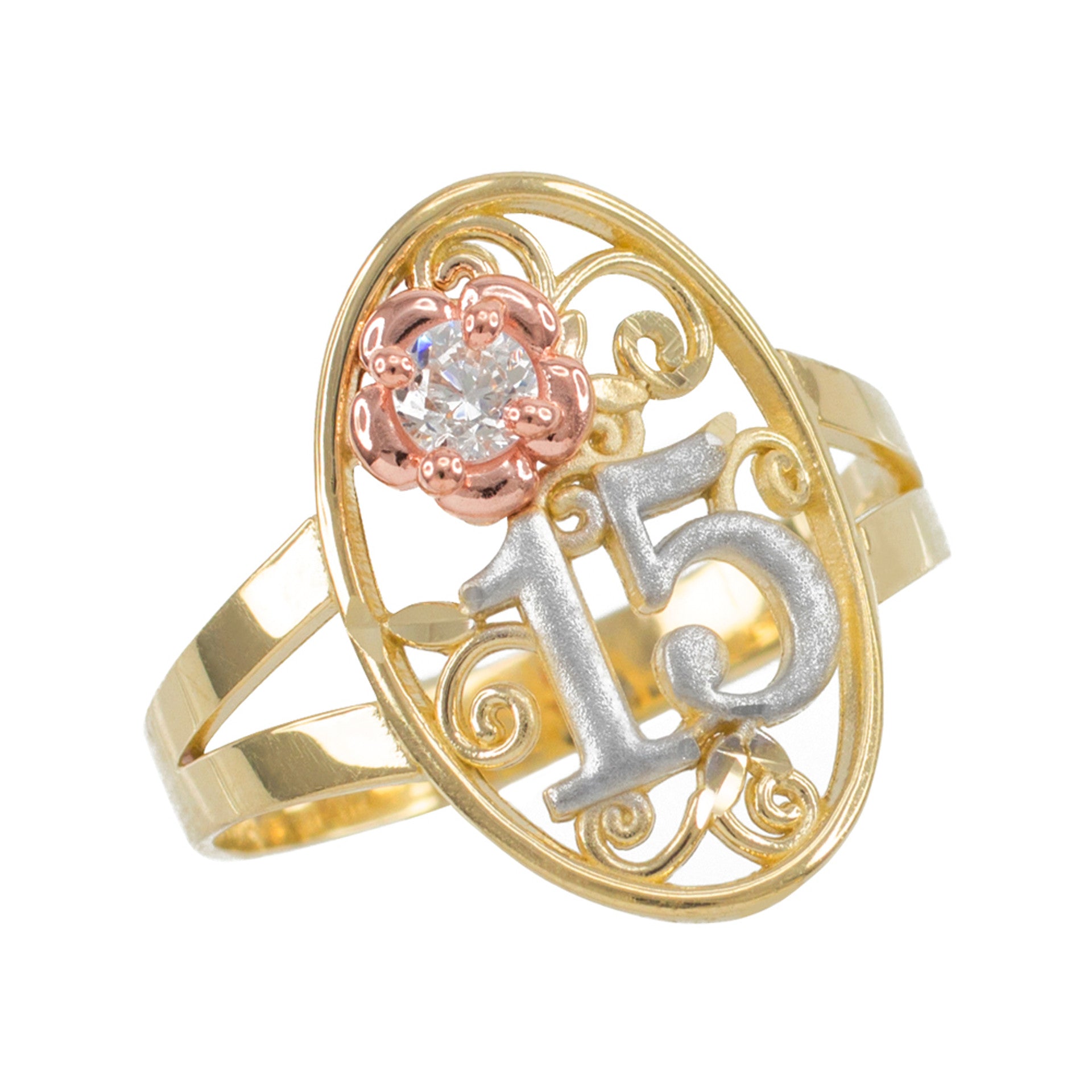 Tri-Color Gold Cubic Zirconia 15 Años Flower Quinceañera Filigree Oval Ring