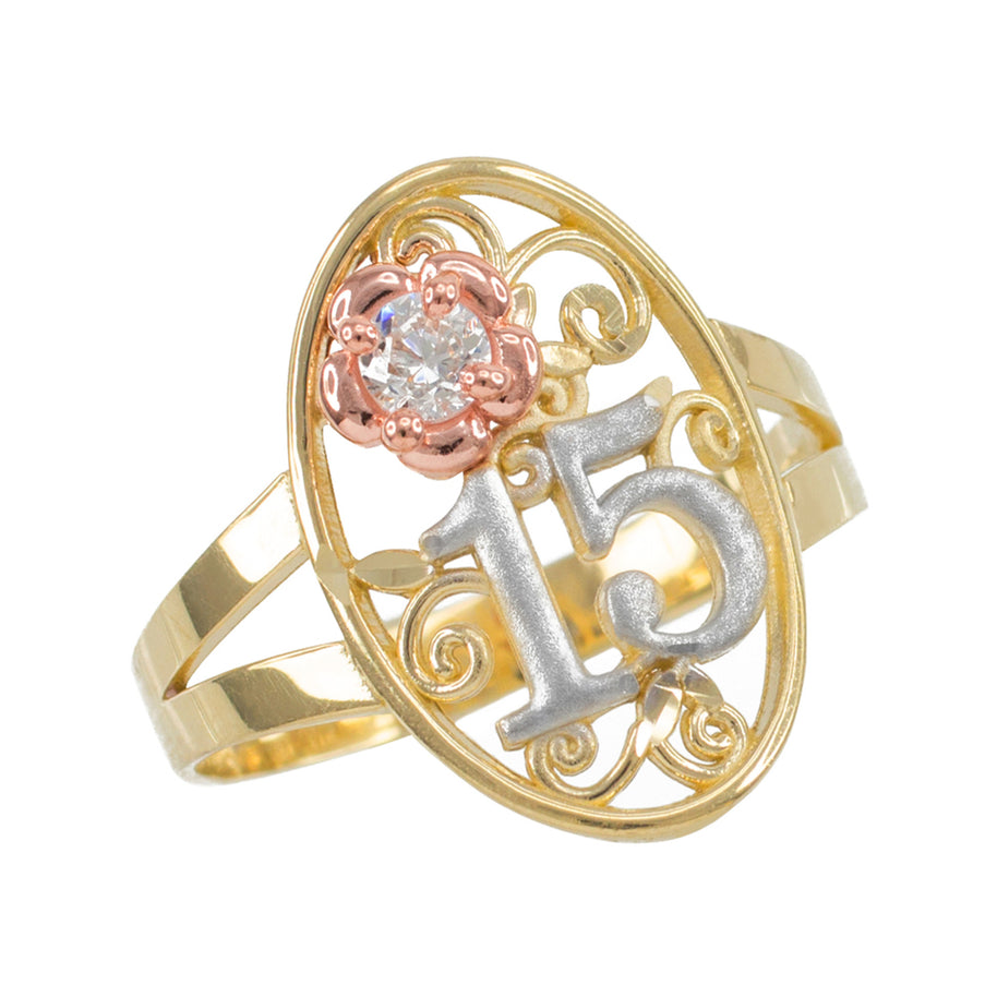 Tri-Color Gold Cubic Zirconia 15 Años Flower Quinceañera Filigree Oval Ring