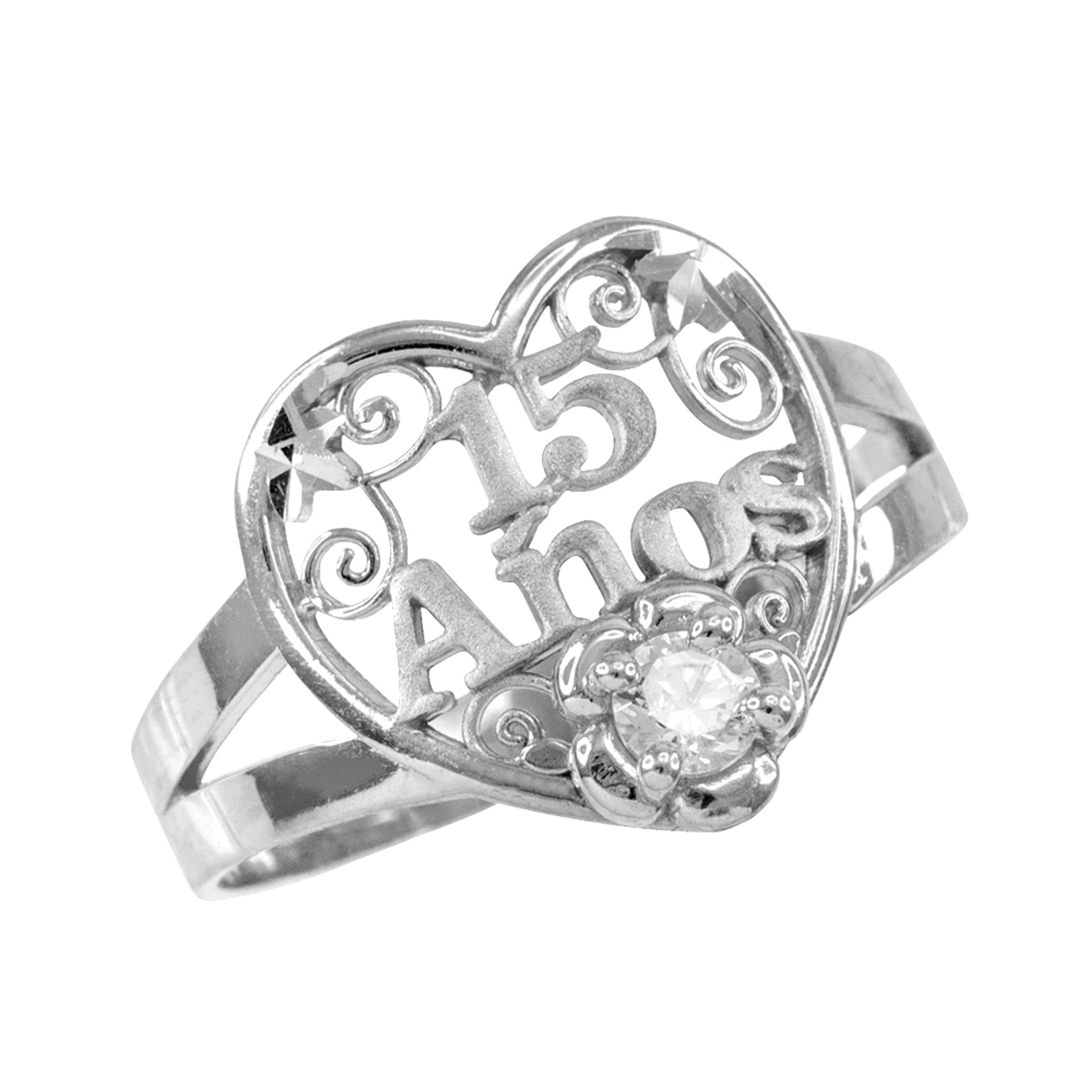 .925 Sterling Silver Cubic Zirconia Heart 15 Años Flower Quinceañera Filigree Ring