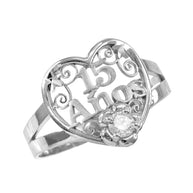 .925 Sterling Silver Cubic Zirconia Heart 15 Años Flower Quinceañera Filigree Ring