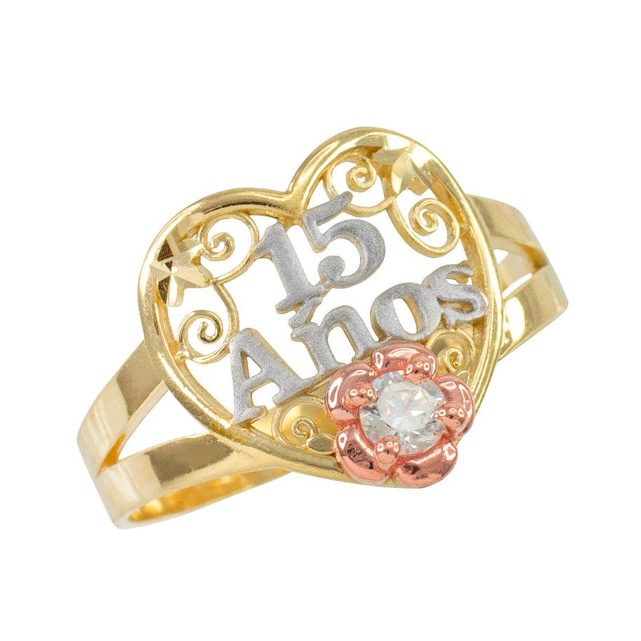 Tri-Color Gold Cubic Zirconia Heart 15 Años Flower Quinceañera Filigree Ring