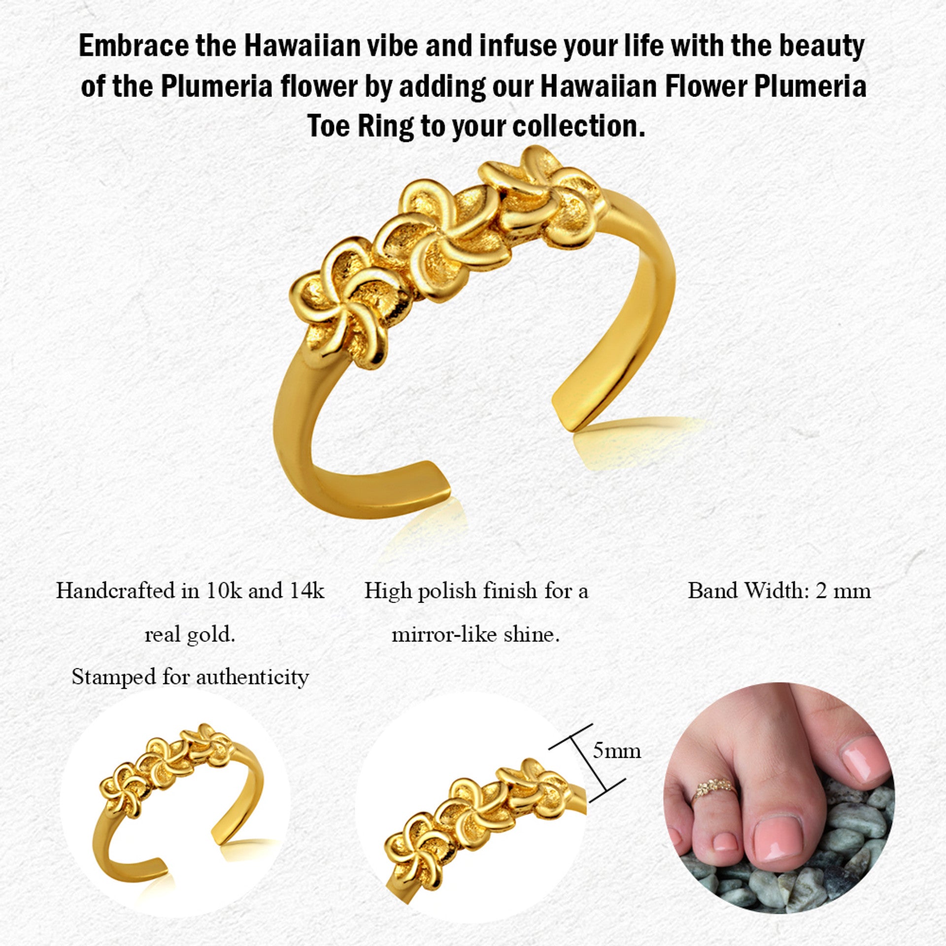 Gold Hawaiian Plumeria Flower Toe Ring (Available in Yellow/Rose/White Gold)