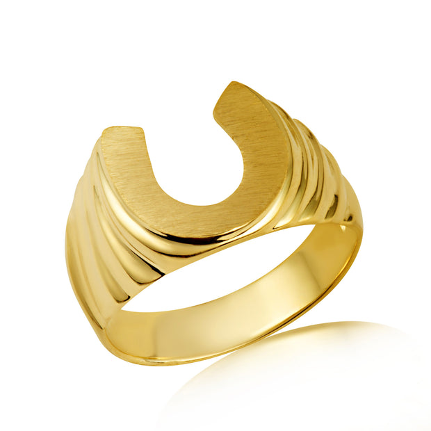 Yellow Gold Lucky Horseshoe Ribbed Ring