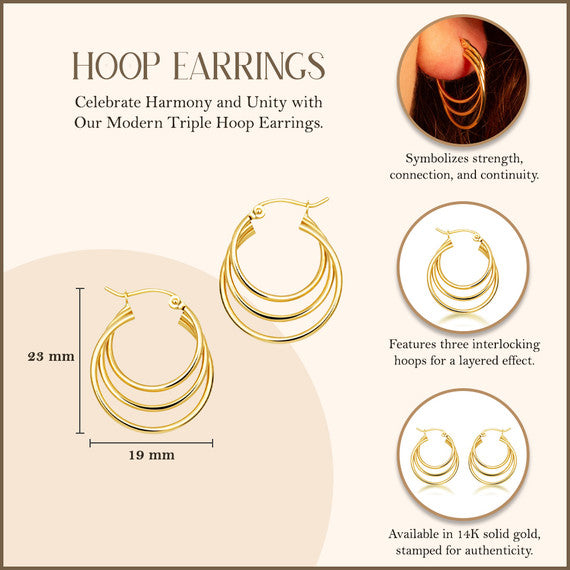 Triple Hoop Earrings in 14K Gold