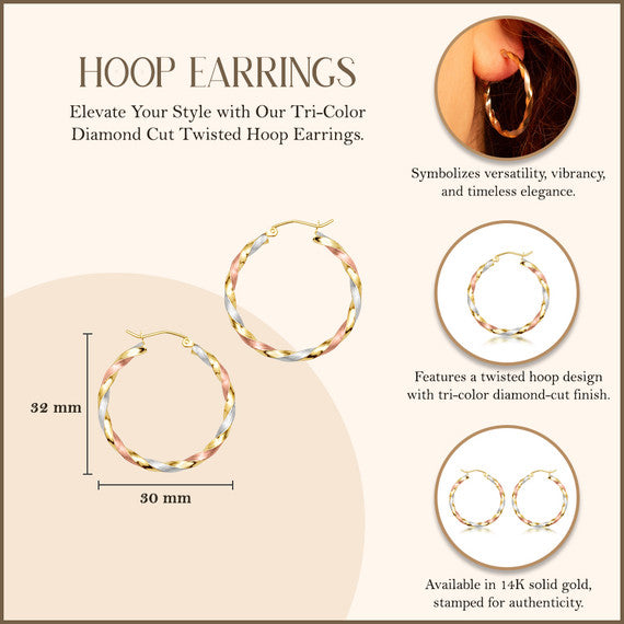 Tri-Color Gold Diamond Cut Twisted Hoop Earrings