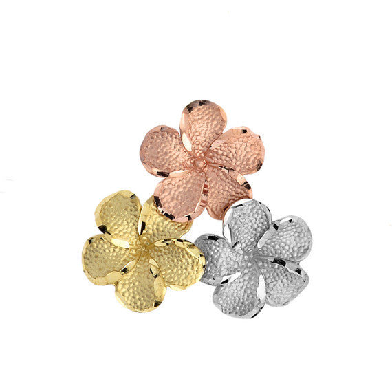 Tri-Color Gold Triple Hawaiian Plumeria Flower Diamond Cut Pendant Necklace