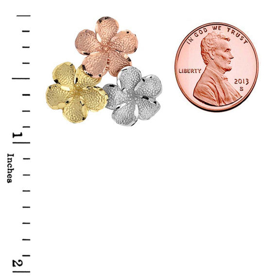 Tri-Color Gold Triple Hawaiian Plumeria Flower Diamond Cut Pendant Necklace