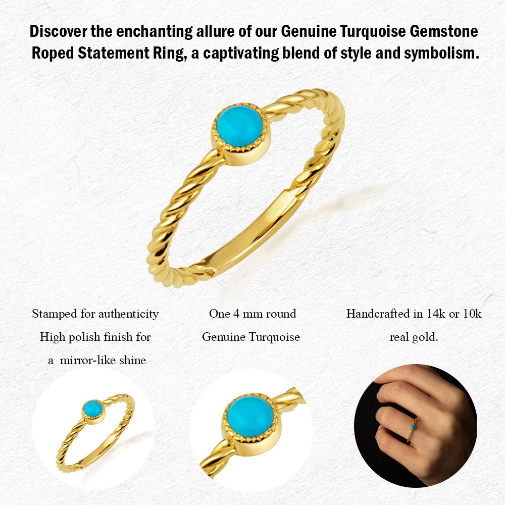 Gold Genuine Turquoise Gemstone Rope Statement Ring (Available in Yellow/Rose/White Gold)
