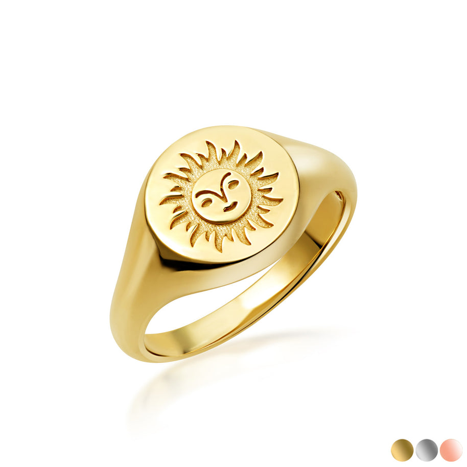 Gold Sun Face Signet Ring (Available in Yellow/Rose/White Gold)