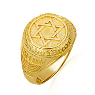 Gold Jewish Star Of David Hebrew Menorah Signet Ring (Available in Yellow/Rose/White Gold)