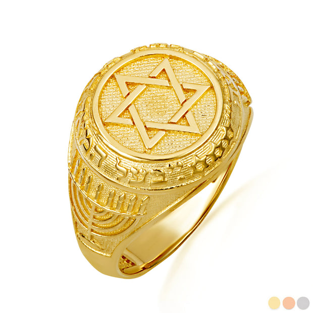 Gold Jewish Star Of David Hebrew Menorah Signet Ring (Available in Yellow/Rose/White Gold)