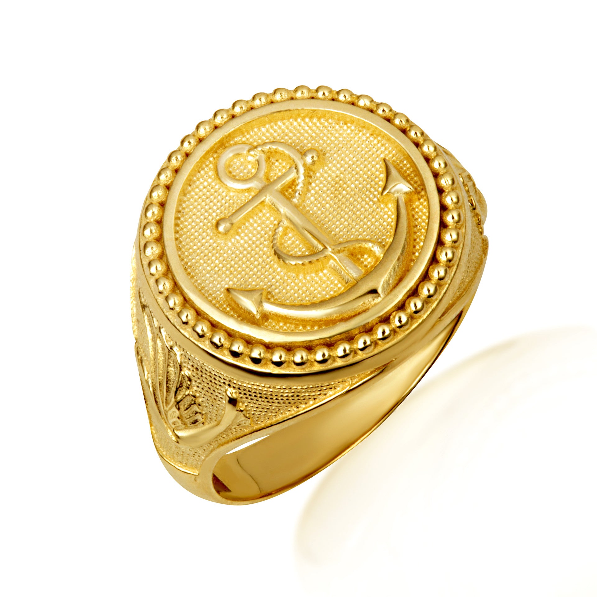 Gold Nautical Anchor Rope Beaded Dove Signet Ring (Available in Yellow/Rose/White Gold)