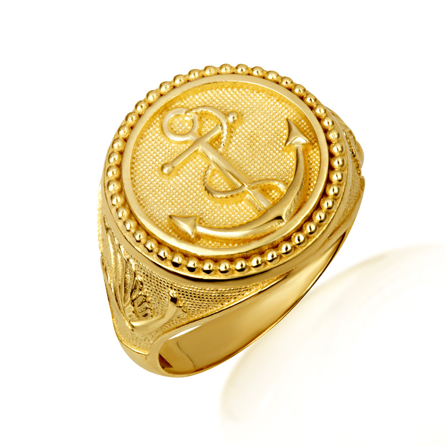 Gold Nautical Anchor Rope Beaded Dove Signet Ring (Available in Yellow/Rose/White Gold)