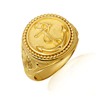 Gold Nautical Anchor Rope Beaded Dove Signet Ring (Available in Yellow/Rose/White Gold)