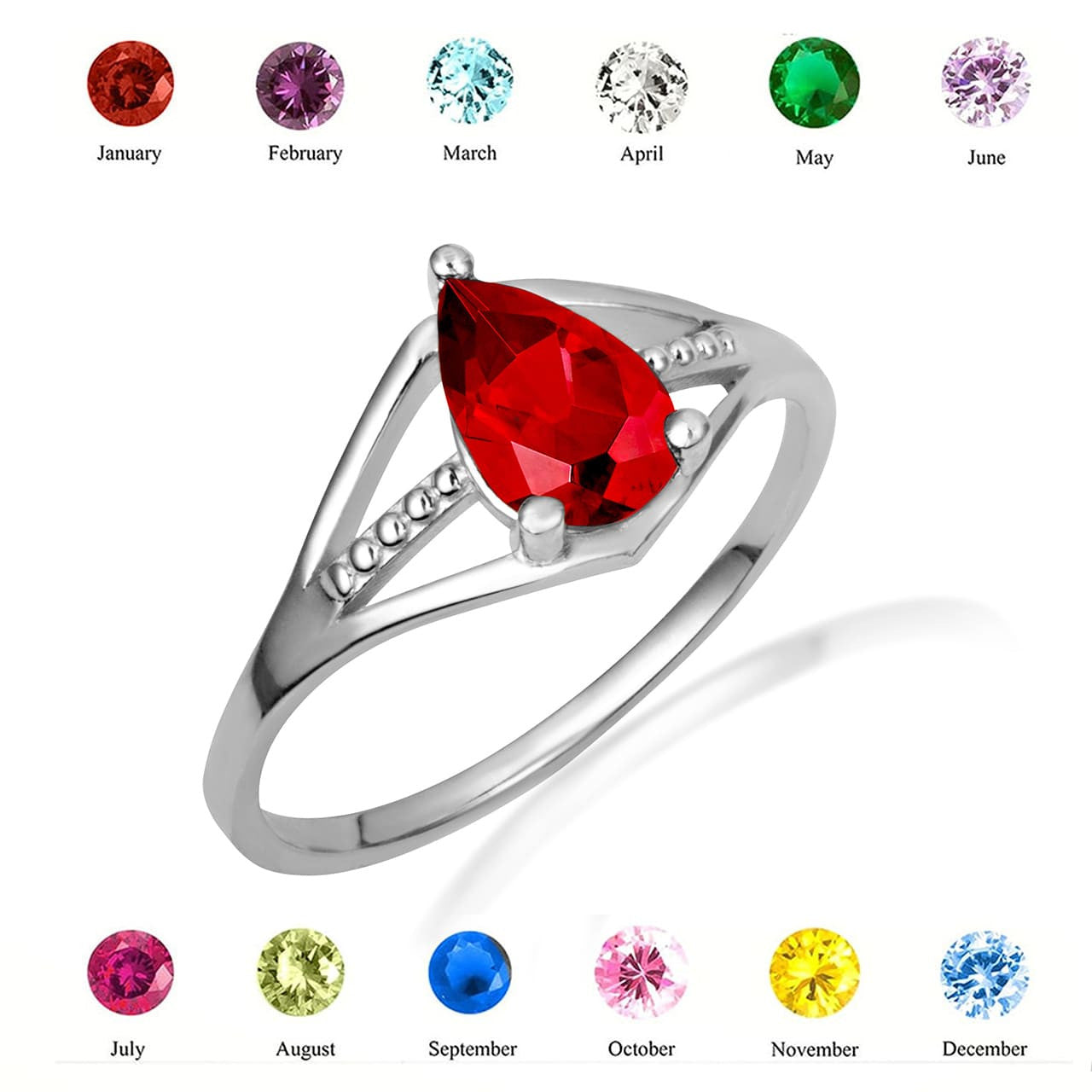 .925 Sterling Silver Round Beaded Cubic Zirconia Birthstone Ring