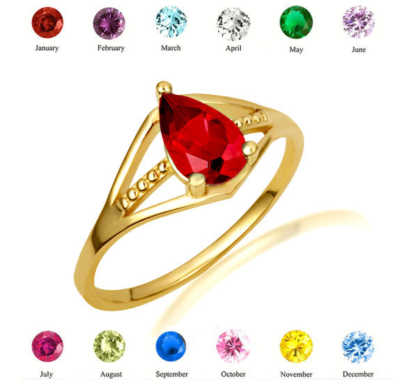 Gold Pear Cut Beaded Cubic Zirconia Birthstone Ring (Available in Yellow/Rose/White Gold)