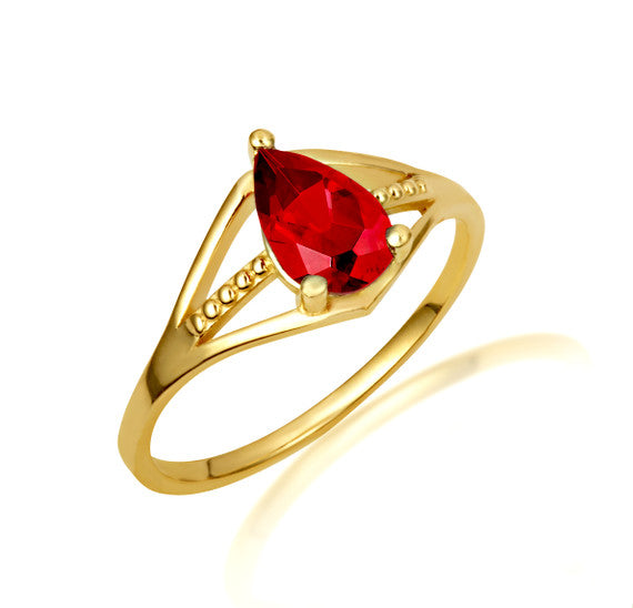 Gold Pear Cut Beaded Cubic Zirconia Birthstone Ring (Available in Yellow/Rose/White Gold)