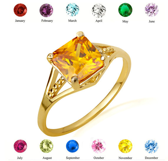 Gold Square Cut Cubic Zirconia Birthstone Beaded Ring (Available in Yellow/Rose/White Gold)