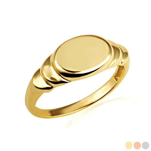 Gold Ribbed Oval Engravable Signet Ring (Available in Yellow/Rose/White Gold)