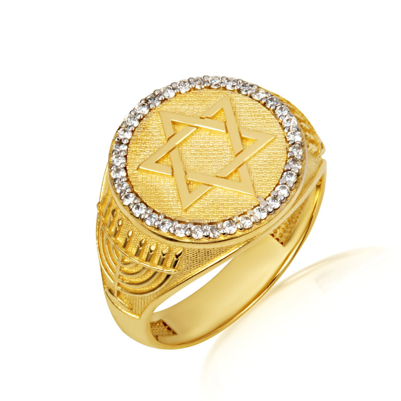 Gold Diamond Jewish Star Of David Hebrew Menorah Signet Ring (Available in Yellow/Rose/White Gold)