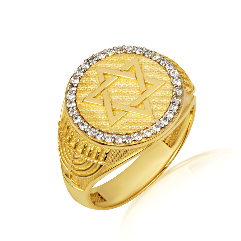 Gold Diamond Jewish Star Of David Hebrew Menorah Signet Ring (Available in Yellow/Rose/White Gold)