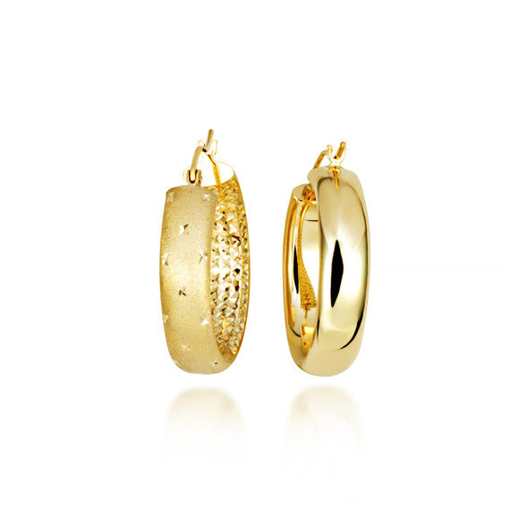 14K Yellow Gold Diamond Cut Satin Finish Hoop Earrings