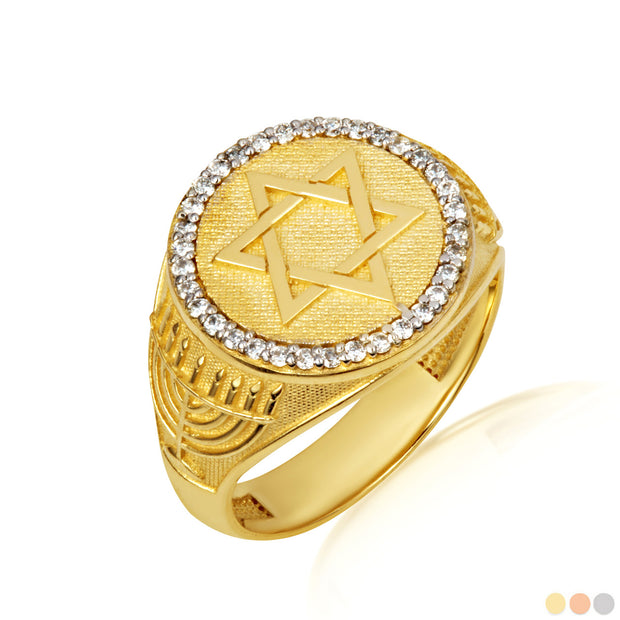 Gold Diamond Jewish Star Of David Hebrew Menorah Signet Ring (Available in Yellow/Rose/White Gold)