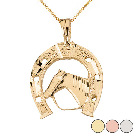 Sparkle Cut Equestrian Horseshoe and Horse Pendant Necklace in Solid Gold (Yellow/Rose/White)
