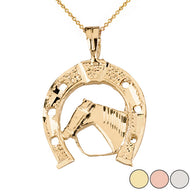 Sparkle Cut Equestrian Horseshoe and Horse Pendant Necklace in Solid Gold (Yellow/Rose/White)