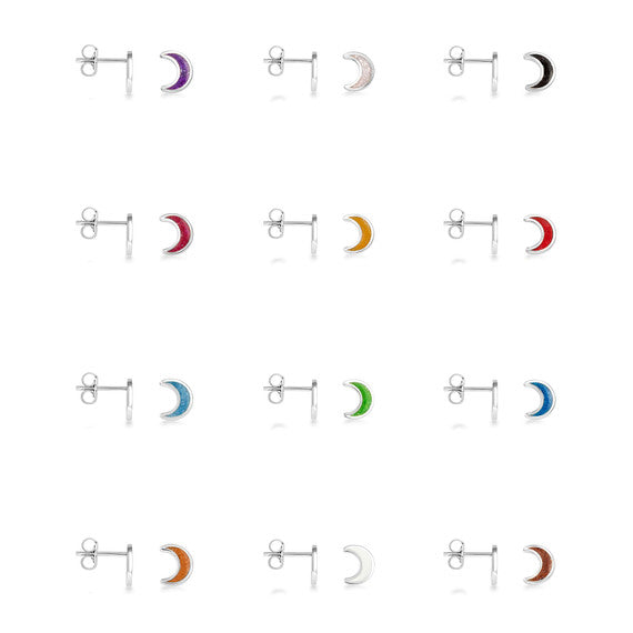 .925 Sterling Silver Custom Enamel Moon Stud Earrings