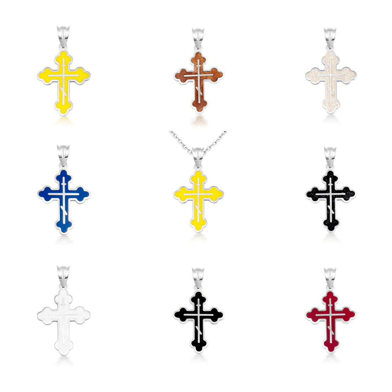 .925 Sterling Silver Custom Enamel Russian Orthodox Cross Pendant Necklace