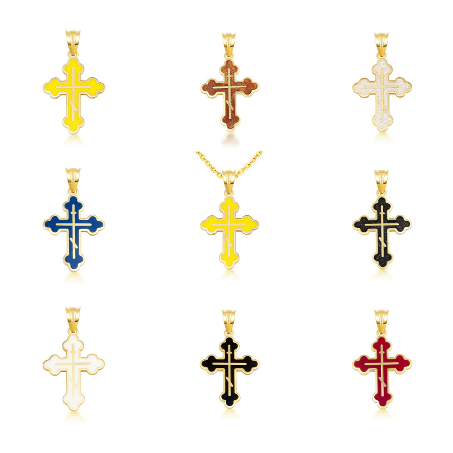 Yellow Gold Custom Enamel Russian Orthodox Cross Pendant Necklace